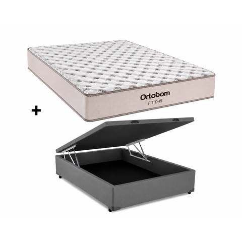 Cama Box Bau Casal Cinza Colchão Fit D45 Espuma 138x188 - Ortobom