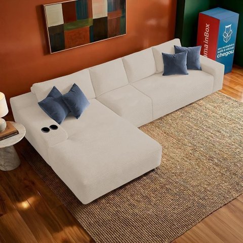 Sofá Modular Evo de 4 Lugares com Chaise Esq Evo. Three 3,40m Boost Tech em Velourê Cama Inbox