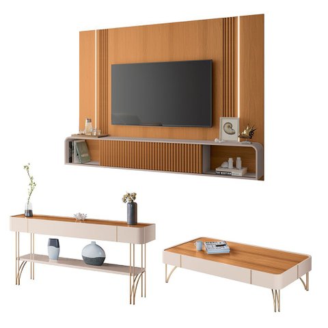 Conjunto Home Suspenso C/led Aparador e Mesa de Centro Vivant/cadenza/empire Mdf/mdp Cinamomo/off Wh