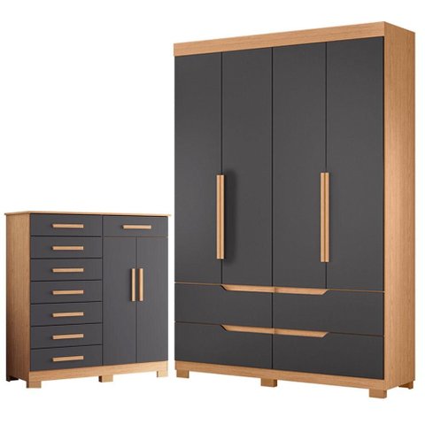 Guarda Roupa Solteiro Doble 04 Portas e Cômoda Verona Freijo Titanium - Móveis Albatroz