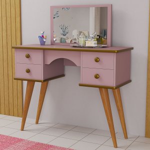 Penteadeira Infantil Rosa com Espelho e 4 Gavetas Quarto de Menina