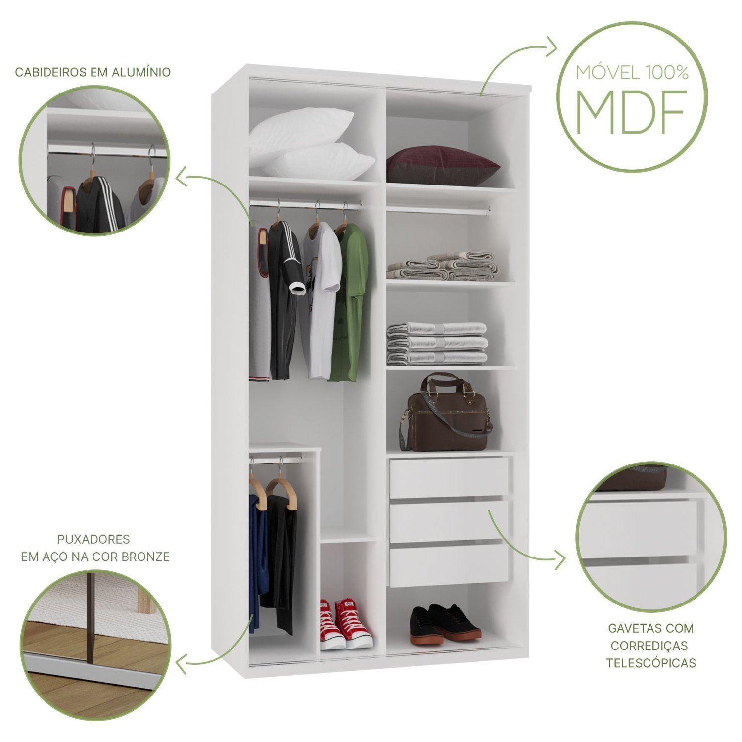 Guarda-roupa Modulado Solteiro 1,20m 2 Portas de Correr 3 Gavetas e Espelho Reflecta 100% Mdf Attual - 7