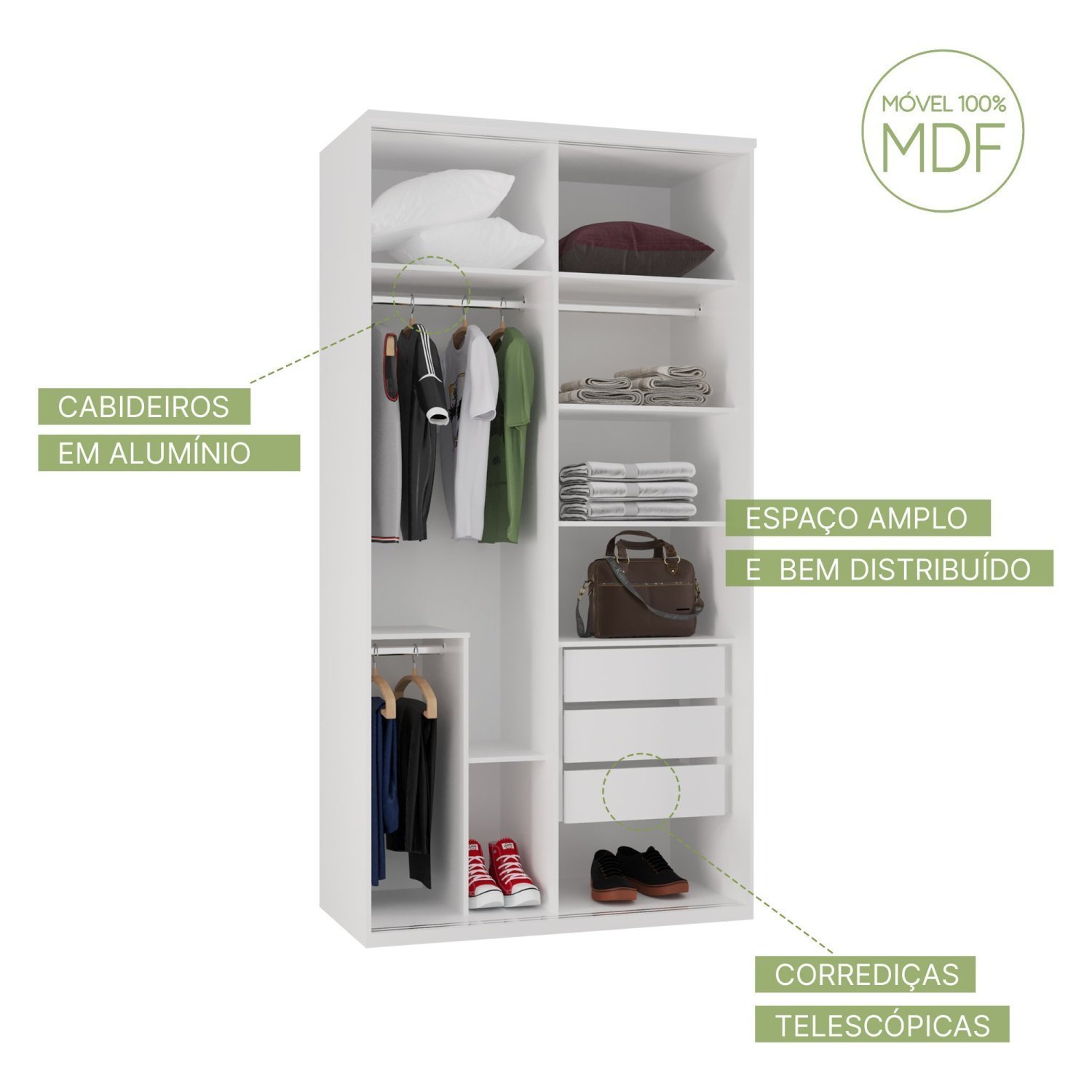 Guarda-roupa Modulado Solteiro 1,20m 2 Portas de Correr 3 Gavetas e Espelho Reflecta 100% Mdf Attual - 6