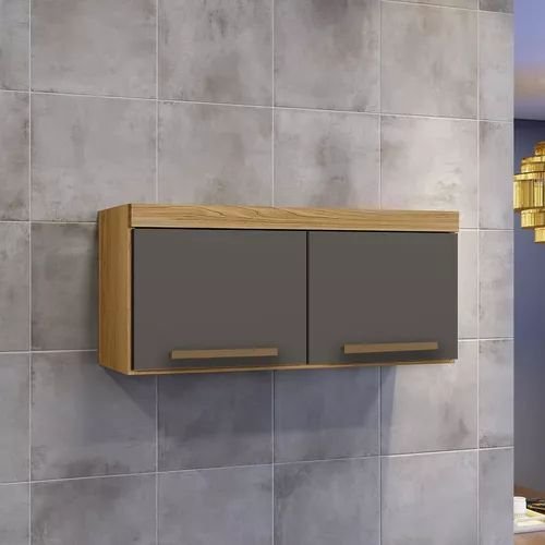 Armário Aéreo Multiuso de Parede com 2 Portas para Cozinha:cinamomo/grafite