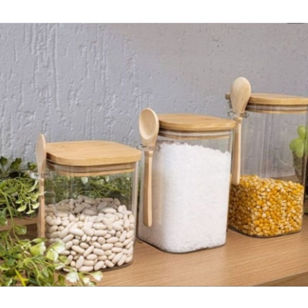 Pote de Vidro Hermético com Colher Tempero Alimentos Bambu:pote 250ml - 4