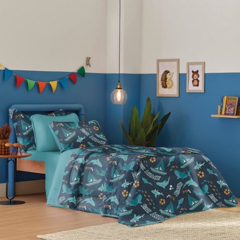 Jogo de Cama Casal Atlantix 3 Pçs 138x188x30 100% Algodão Shark