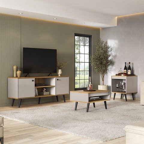 Conjunto Sala Estar 3 Peças – Rack para Tv, Centro e Mesa de Apoio Tóquio Marrom Arena/Freijó