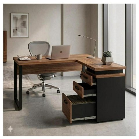 Mesa Escritório Pé Quadro em L c/ Gaveteiro 1,70×1,60m Nogal Sevilha/Preto – 24481