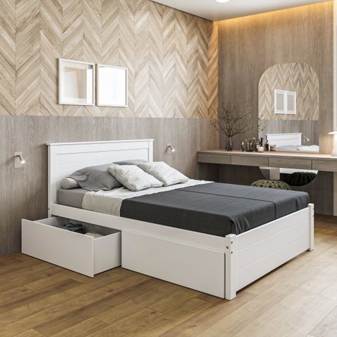 Conjunto Cama Casal Essenza com Dois Gavetões em Madeira Maciça Mv Branco