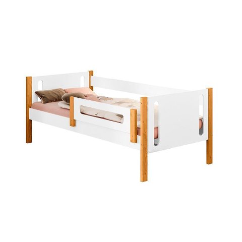 Cama De Solteiro Infantil Mirela Branca/Mel Com Grade De Proteção E Colchão Branco