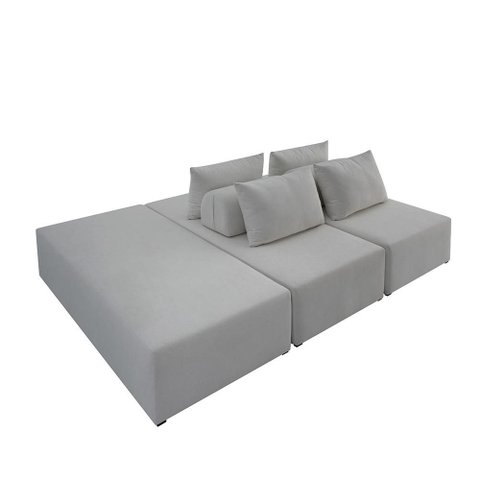 Sofá Ilha na Caixa em Módulos Mobili Puff + 2 Chaises Boucle Cinza Claro Estofama