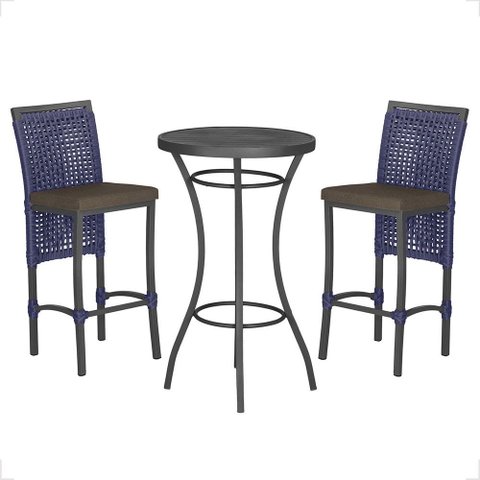 Mesa Bistrô e 2 Banquetas Roma Preta Corda Náutica Estofado 9 Trama Original