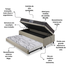 Bicama Box Baú Solteiro Linho Bege 88x188 com Colchão Pantanal Espuma D28 Anjos - 5