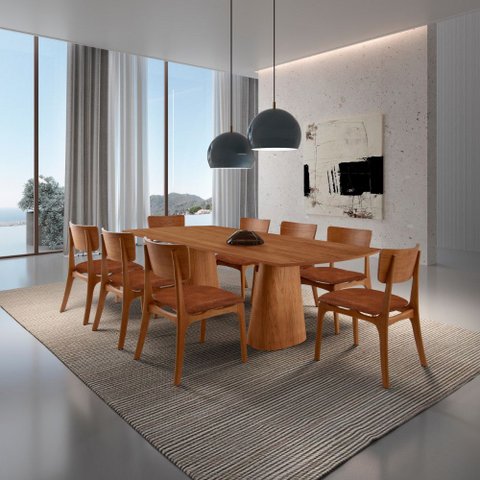 Sala de Jantar Mesa Noronha 220cm Tampo Laminado Barril e 8 Cadeiras Viena Gold