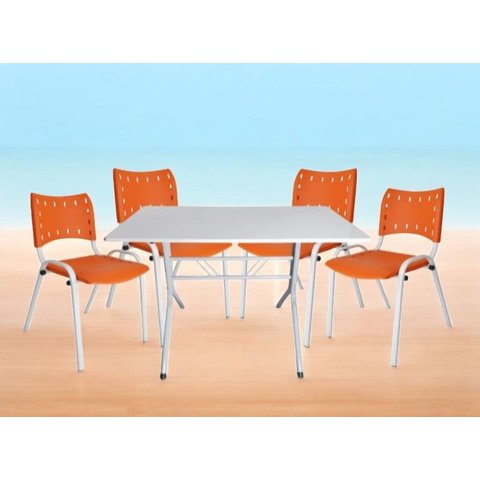 Jogo Mesa 120x70 para Restaurante Comércio com 4 Cadeiras Iso Laranja Base Branca Ecomhome
