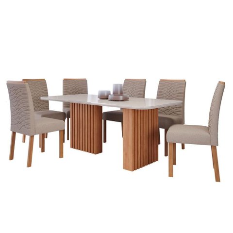 Mesa de Jantar Tampo de Vidro Off White Ester 1,80 e 6 Cadeiras Clarice Wood Cinamomo/madeira/linho