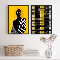 Kit 2 Quadros Modernos Preto e Amarelo Mulher abstrato 24x18cm:madeira Preta - 2