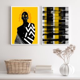 Kit 2 Quadros Modernos Preto e Amarelo Mulher abstrato 24x18cm:madeira Preta - 1