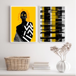 Kit 2 Quadros Modernos Preto e Amarelo Mulher abstrato 24x18cm:madeira Preta
