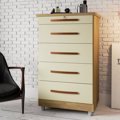Cômoda para Quarto 5 Gavetas 1 Gaveta com Chave Emas Bege/Mel/Pérola