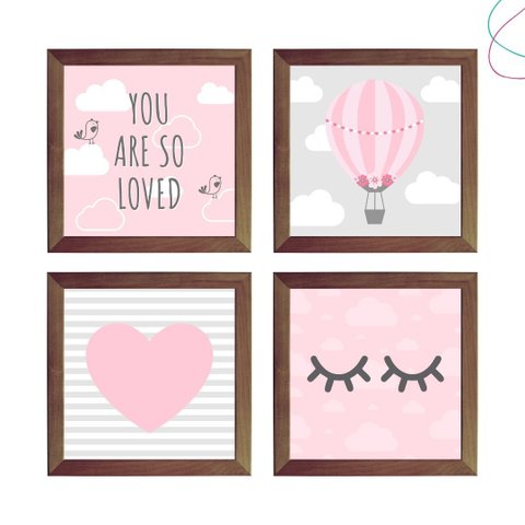 Kit com 4 Quadros Decorativos Infantil Balão Nuvens Menina:tabaco