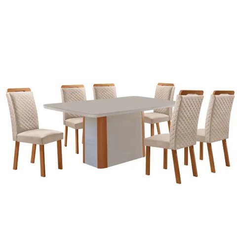 Mesa de Jantar Isadora 180cm Tampo MDF Vidro Canto Copo com 6 Cadeiras Lorena