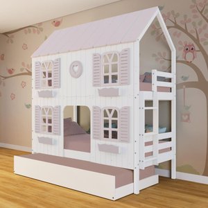 Treliche Casinha Bela com Coração 4 Janelas Venezianas - Madeira Maciça Branco/rosa | Megamobilia