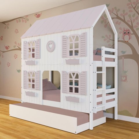 Treliche Casinha Bela com Coração 4 Janelas Venezianas - Madeira Maciça Branco/Rosa | Megamobilia