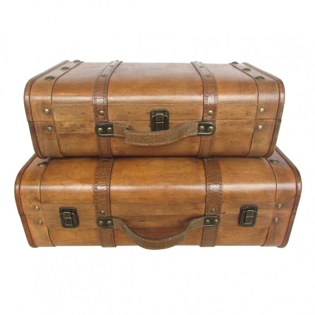 CONJUNTO DE MALETAS DE MADEIRA E METAL MARROM 2PCS BTC Decor