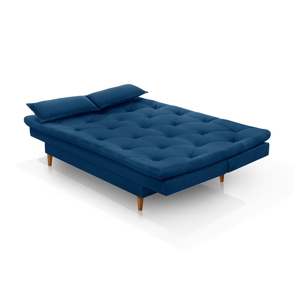 Sofá Cama Casal Amarilis Premium Pés em Madeira Estofado Veludo Azul - 4