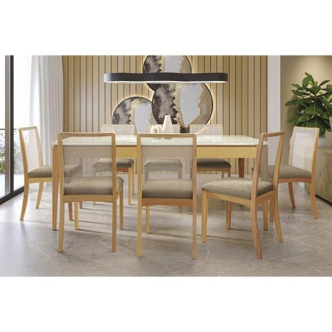 Conjunto Mesa Mira Premium Madeira Maciça C/ Tampo Madeirado C/ Vidro 200x100cm e 8 Cadeiras Lara