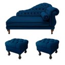 Ver imagem 1 de Recamier Divã Namoradeira Larissa 150cm + 2 Puffs Retrô Suede Azul Marinho - LM DECOR