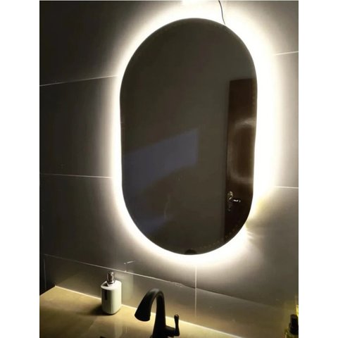 Espelho Oval com Luz Led Fria de Parede Decoração Quarto Sala Vidro Lapidado com Suporte 50x40cm
