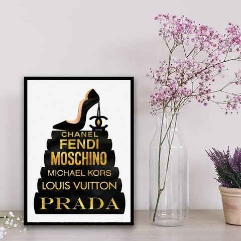 Quadro Fashion Livros Preto E Dourado 24x18cm:Madeira branca