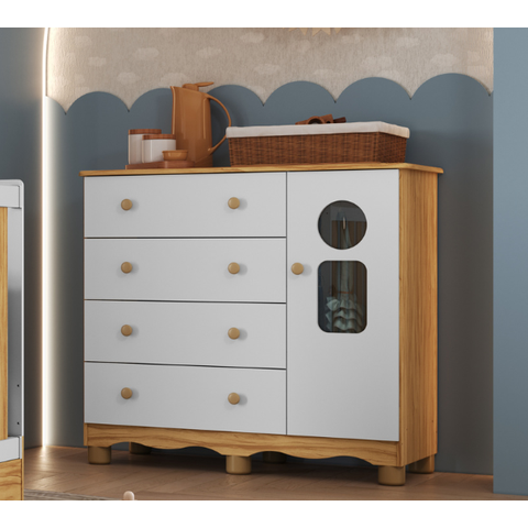 Cômoda Infantil Tedy Peroba em 100% MDF Branco com Amêndoa Branco Amêndoa