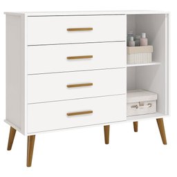 Cômoda Sapateira Infantil com Porta e 4 Gavetas Isis Branco Acetinado Pés Retrô Quarto Bebê - Reller - 2
