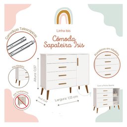 Cômoda Sapateira Infantil com Porta e 4 Gavetas Isis Branco Acetinado Pés Retrô Quarto Bebê - Reller - 3