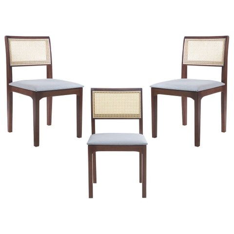 Kit 03 Cadeiras Sala de Jantar Madeira Maciça Nivea Tela Rattan Sextavano Linho Cinza/Amêndoa G55 - 