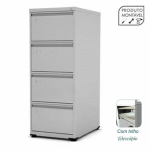 Arquivo de Aço 04 Gavetas com Trilho Telescópico 57cm – Chapa 26 – 1,36×0,47×0,57m – CINZA – PANDIN
