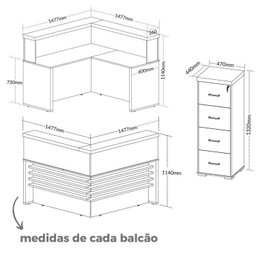 Conjunto Escritório Recepção 3 Peças com 2 Balcões em L Tamburato 147,7cm 1 Gaveteiro  - 3