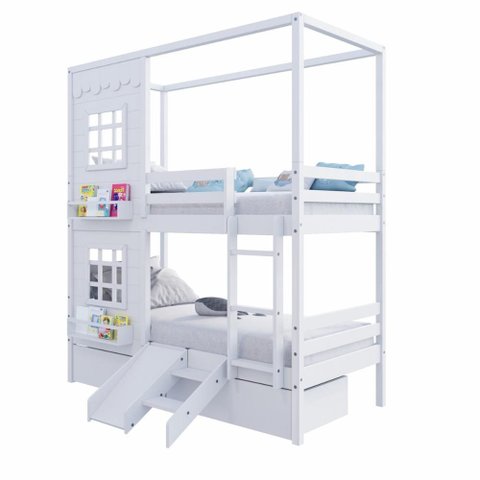 Beliche Infantil Casinha Reta com 02 Janelas 02 Gavetas e Escorregador Madeira Maciça Branco