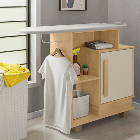 Tábua de Passar Havaí com 1 Porta 2 Nichos e Suporte para Ferro e Cabideiro RV Móveis Bege/Cinamomo/Off White