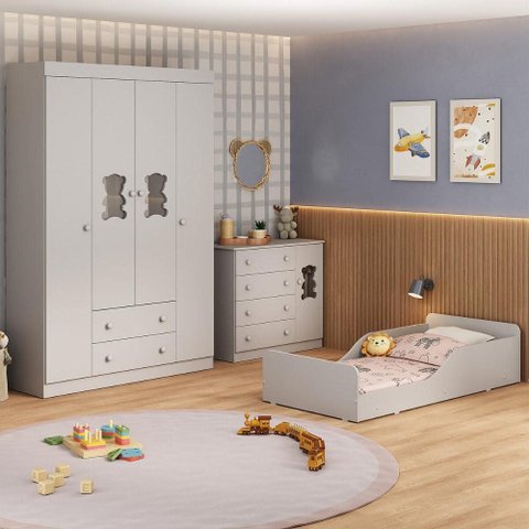 Quarto Infantil Completo com Minicama Montessoriana Teddy Multimóveis MP4885 Off White