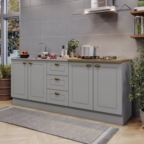 Cozinha Compacta Modulada 100% MDF 2 Balcões e 1 Tampo com Furo para Cooktop Cinza/Nature Emily