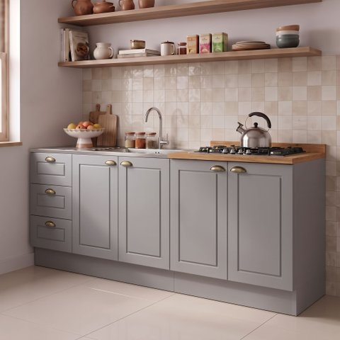 Cozinha Compacta Modulada 100% MDF 2 Balcões e 1 Tampo com Furo para Cooktop Cinza/Nature Emily