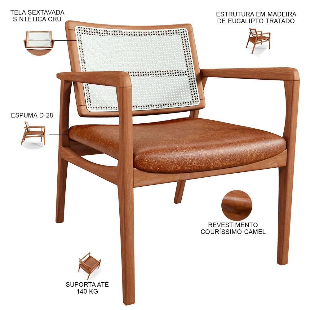 Kit 02 Poltronas Decorativa Sala Estar Madeira Tela Sintética Tropea Couríssimo Camel - Lyam Decor - 4