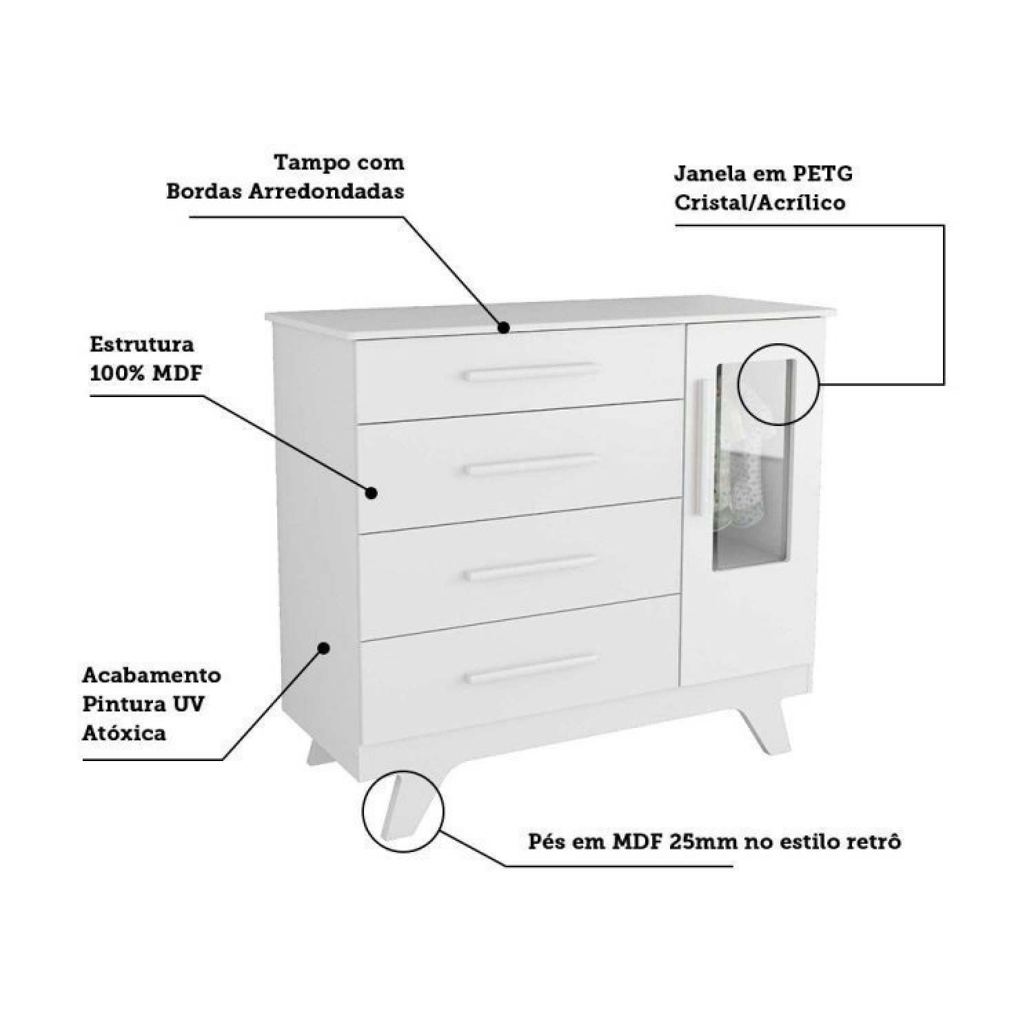 Conjunto para Quarto de Bebê Cômoda 1 Porta com Janela e Berço com Capitone Retrô Jolie - 8