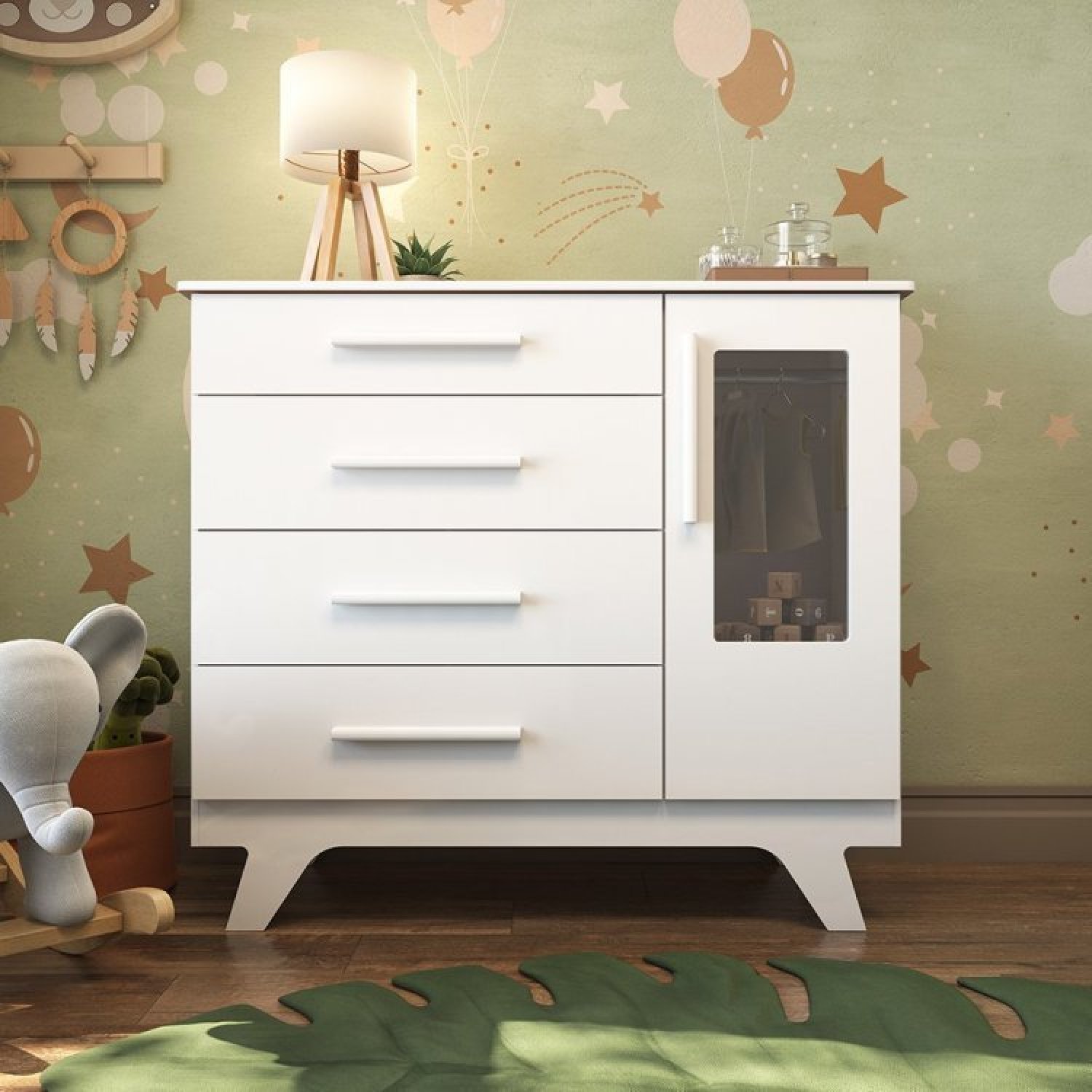 Conjunto para Quarto de Bebê Cômoda 1 Porta com Janela e Berço com Capitone Retrô Jolie - 5