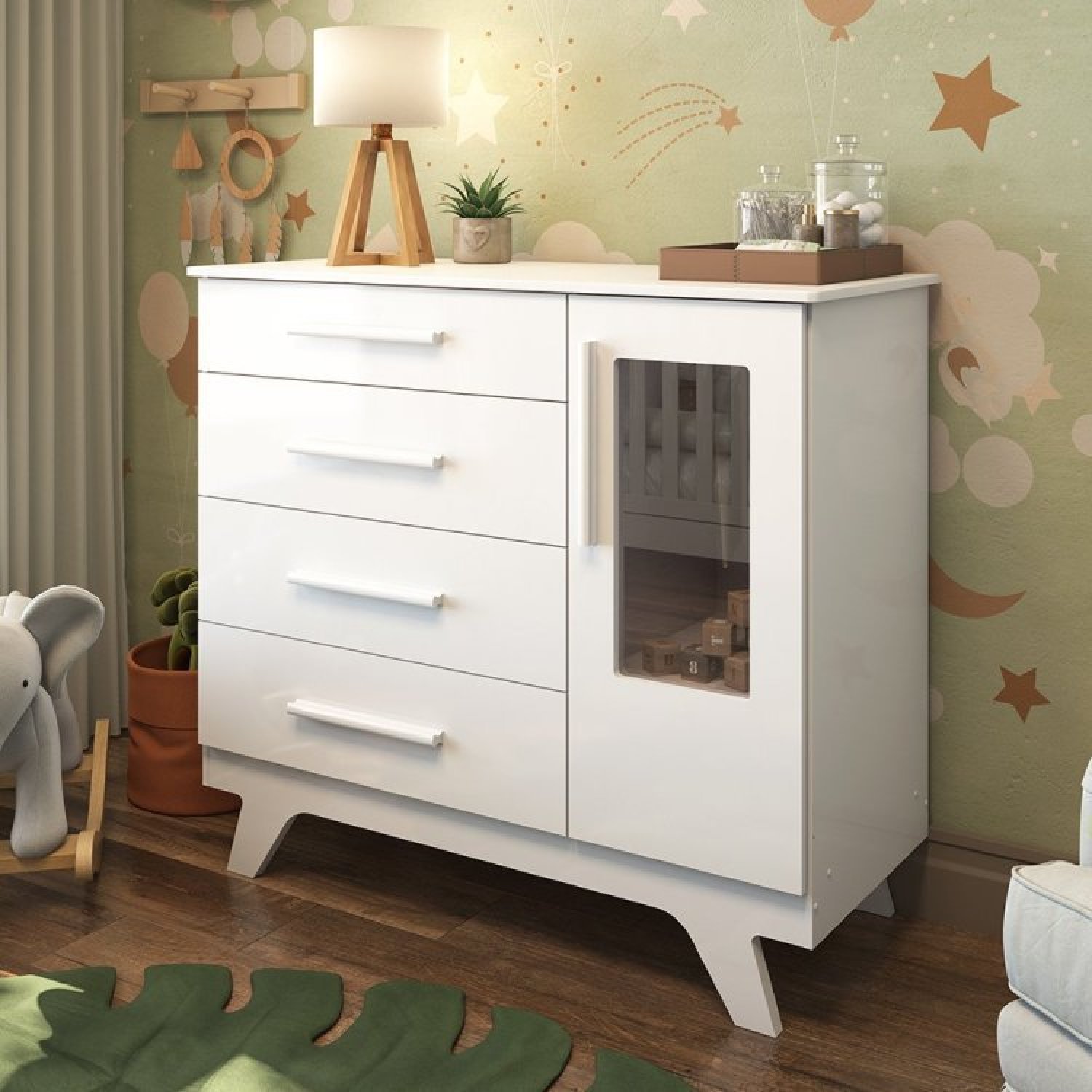 Conjunto para Quarto de Bebê Cômoda 1 Porta com Janela e Berço com Capitone Retrô Jolie - 4