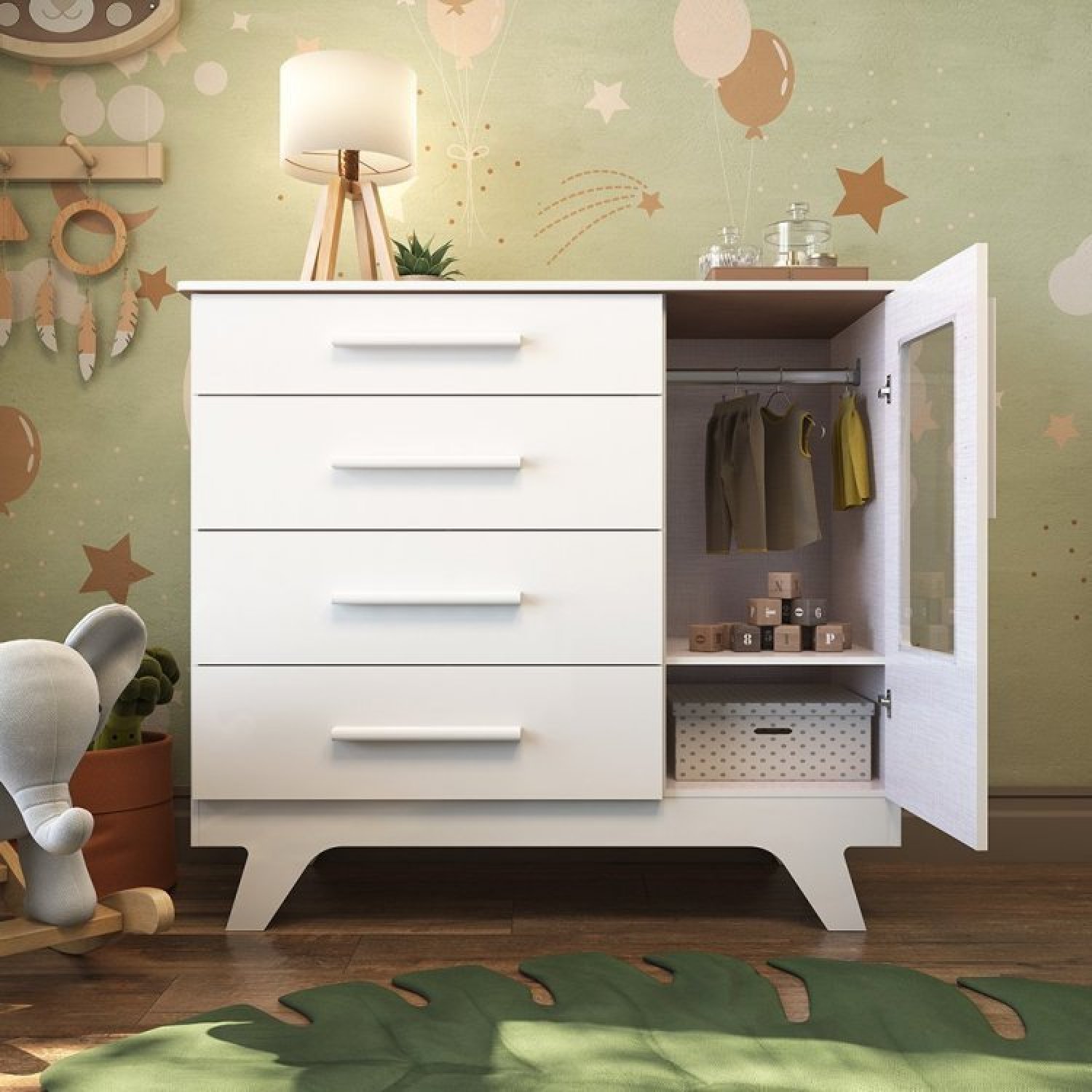 Conjunto para Quarto de Bebê Cômoda 1 Porta com Janela e Berço com Capitone Retrô Jolie - 6
